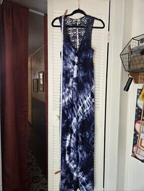 AB Studio Navy and White Tie-Dye Maxi Dress with Crochet Back